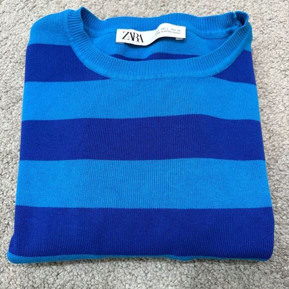 ZARA Blue Striped Long Sleeve Cropped Sweater Top Size L - Picture 12 of 12